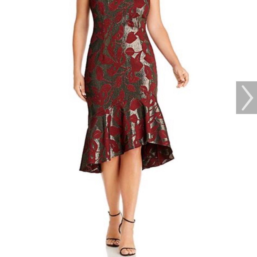 Adrianna Papell Burgundy and Grey Metallic One Shoulder High Low Dress W/ Wrap